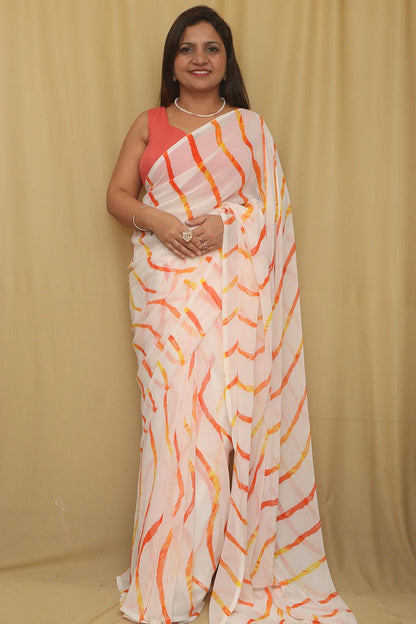 Elegant Off White Digital Printed Georgette Saree With Plain Silk Blouse Piece Fabric - Luxurion World