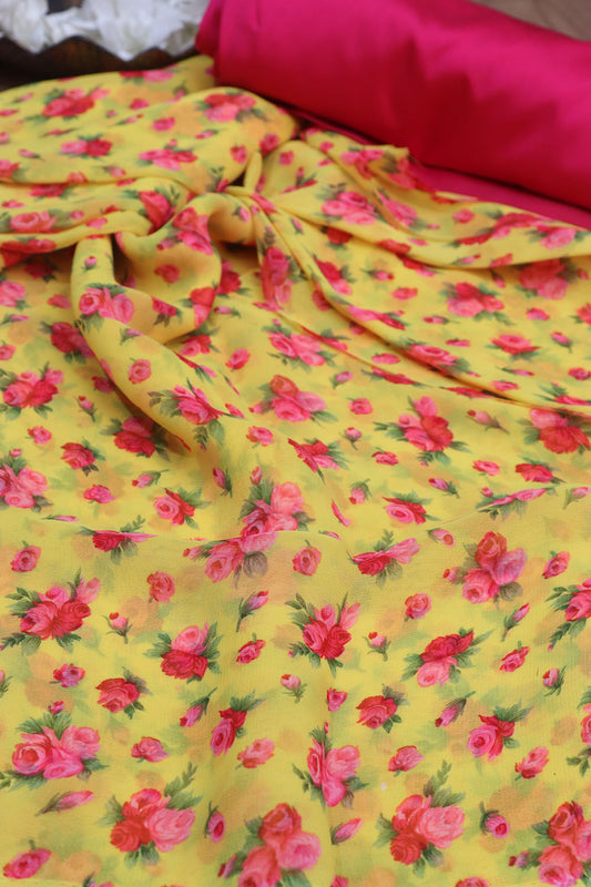 Stunning Yellow Digital Printed Georgette Saree With Plain Silk Blouse Piece Fabric - Luxurion World