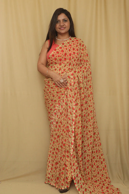 Pastel Digital Printed Georgette Saree With Plain Silk Blouse Piece Fabric - Luxurion World