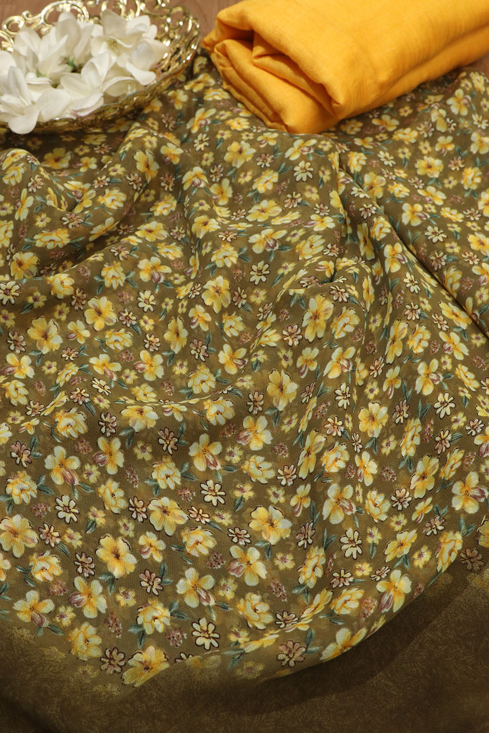 Elegant Brown Digital Printed Georgette Saree With Plain Silk Blouse Piece Fabric - Luxurion World