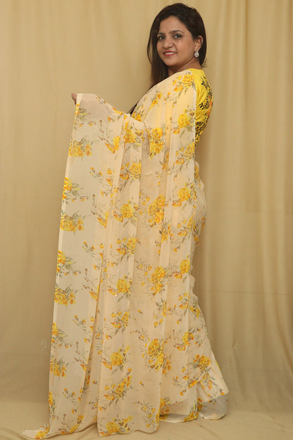 Pastel Digital Printed Georgette Saree With Plain Silk Blouse Piece Fabric - Luxurion World