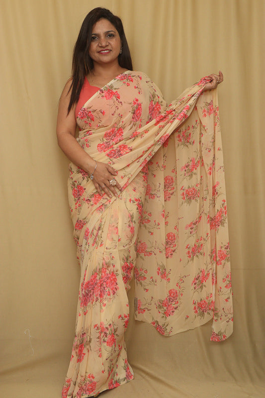 Pastel Digital Printed Georgette Saree With Plain Silk Blouse Piece Fabric - Luxurion World