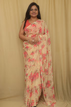Pastel Digital Printed Georgette Saree With Plain Silk Blouse Piece Fabric - Luxurion World