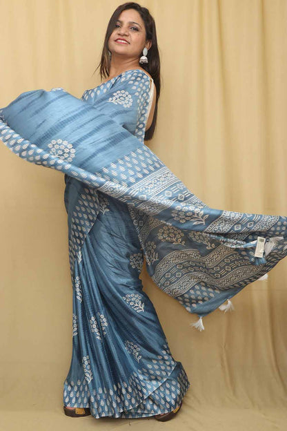 Beautiful Blue Crepe Saree with Digital Print - Luxurion World