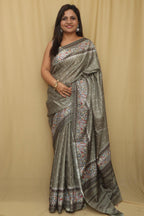 Stunning Green Digital Printed Ikat Silk Kalamkari Border Saree - Luxurion World