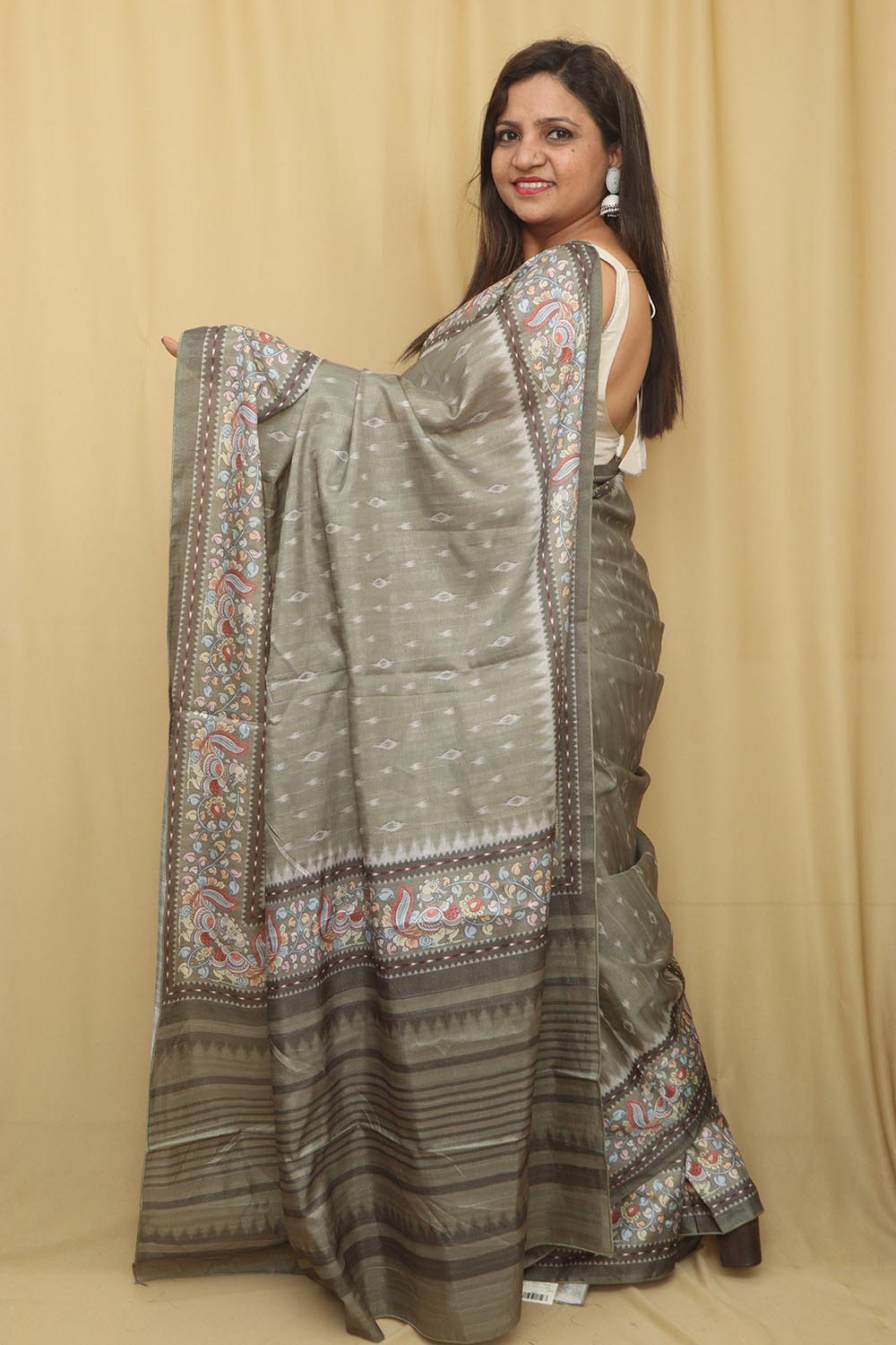 Stunning Green Digital Printed Ikat Silk Kalamkari Border Saree - Luxurion World