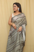 Stunning Green Digital Printed Ikat Silk Kalamkari Border Saree - Luxurion World