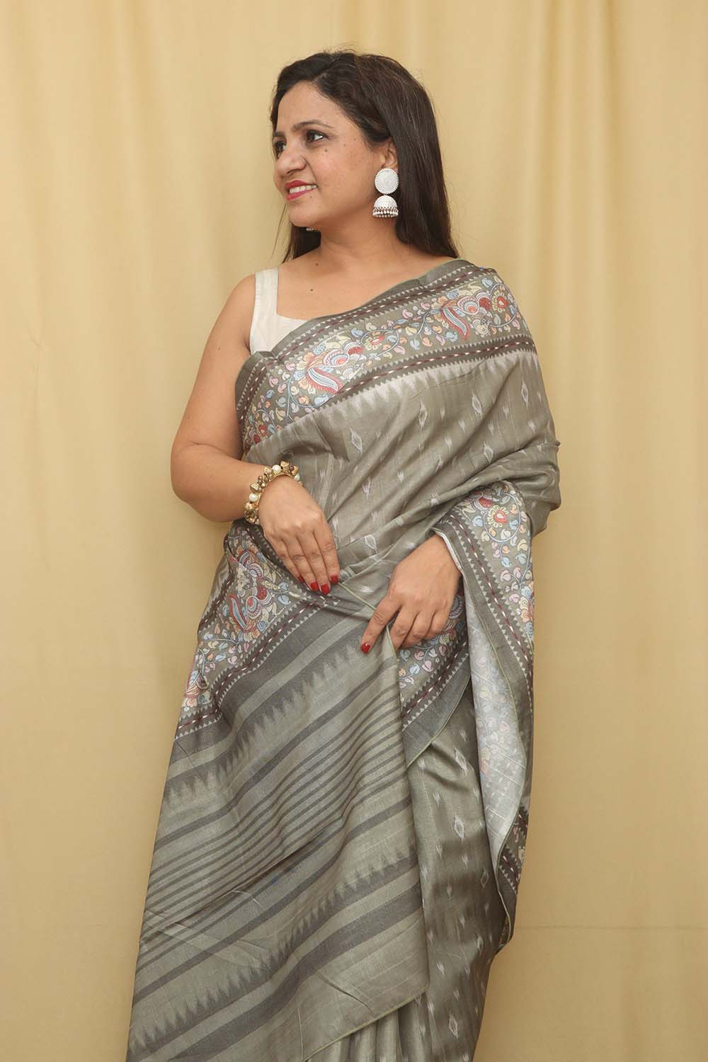 Stunning Green Digital Printed Ikat Silk Kalamkari Border Saree - Luxurion World