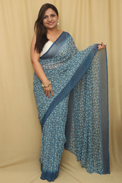 Blue Digital Printed Georgette Saree With Plain Silk Blouse Piece Fabric - Luxurion World