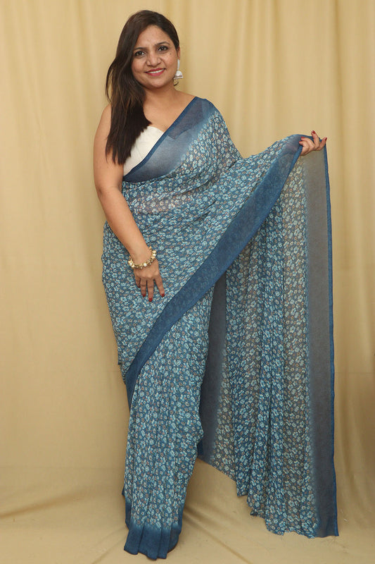 Blue Digital Printed Georgette Saree With Plain Silk Blouse Piece Fabric - Luxurion World