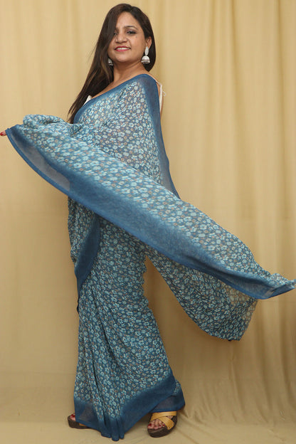 Blue Digital Printed Georgette Saree With Plain Silk Blouse Piece Fabric - Luxurion World