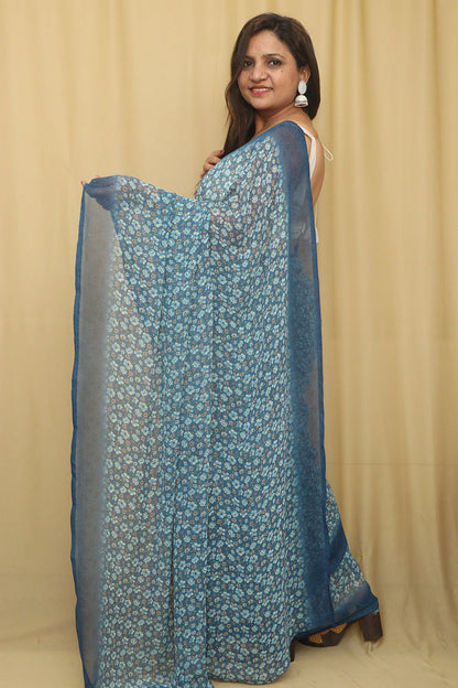 Blue Digital Printed Georgette Saree With Plain Silk Blouse Piece Fabric - Luxurion World
