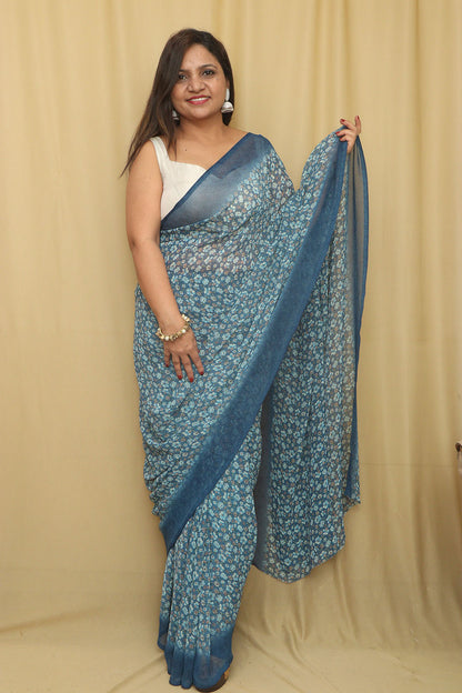 Blue Digital Printed Georgette Saree With Plain Silk Blouse Piece Fabric - Luxurion World