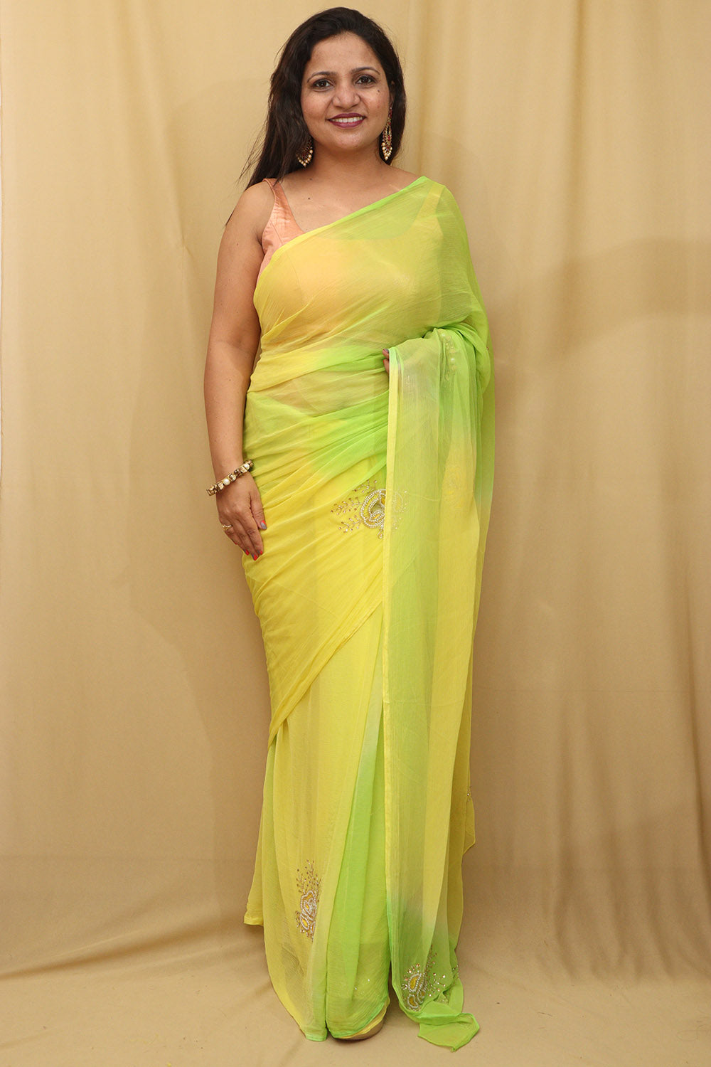 Yellow and Green Pearl Chiffon Saree - Cut Dana Work Ethnic Wear