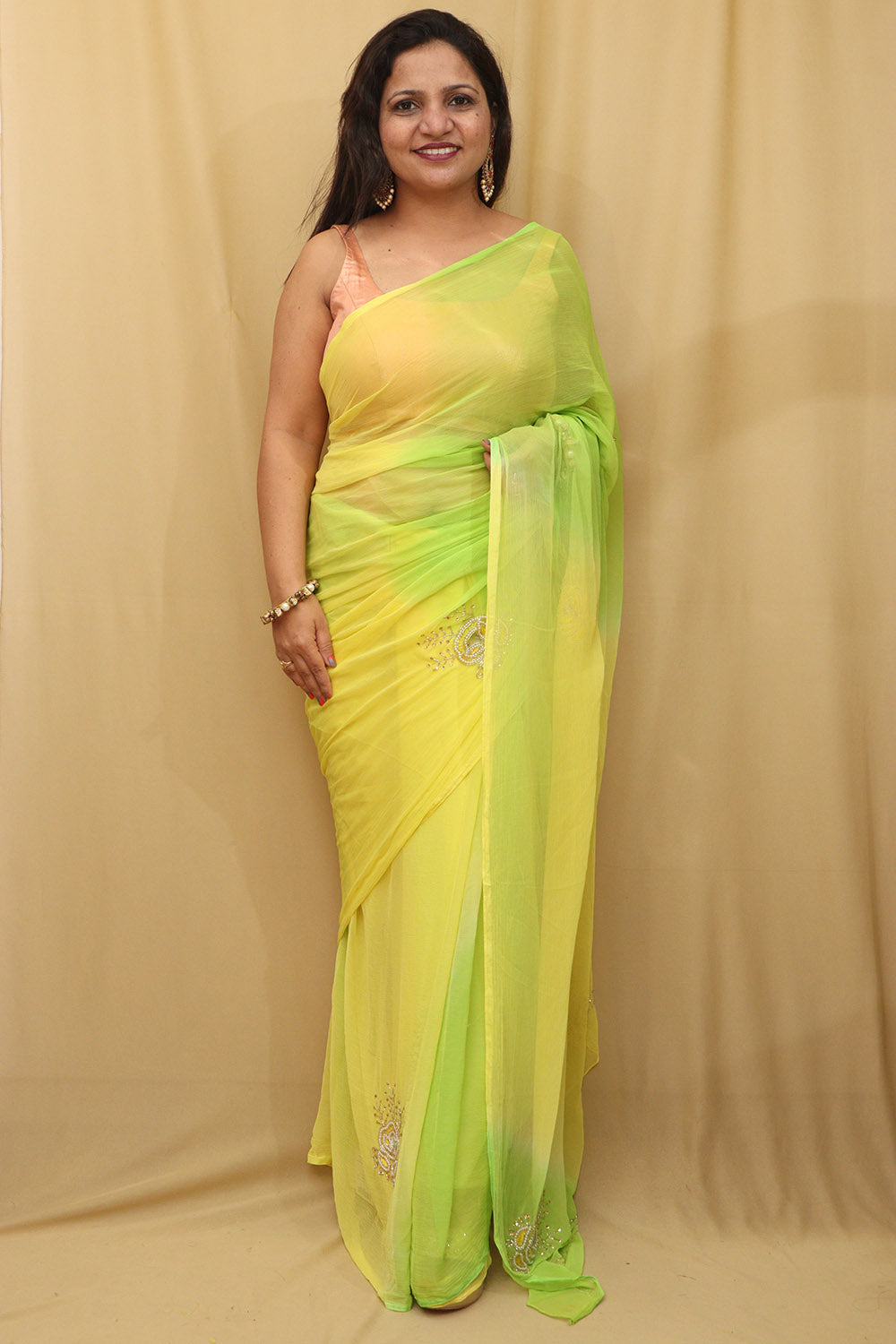 Yellow and Green Pearl Chiffon Saree - Cut Dana Work Ethnic Wear - Luxurion World