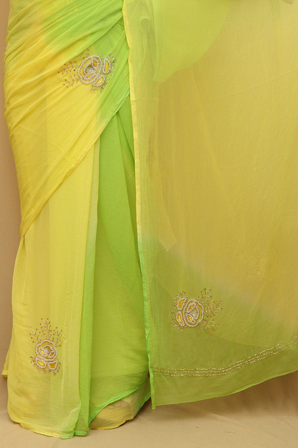 Yellow and Green Pearl Chiffon Saree - Cut Dana Work Ethnic Wear - Luxurion World