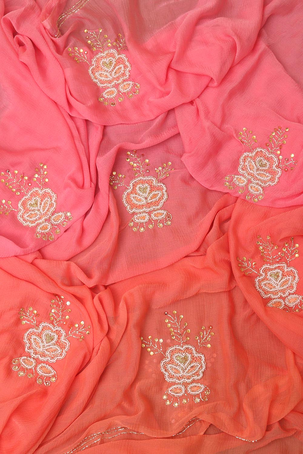 Pearl & Cut Dana Embellished Pink & Orange Chiffon Saree - Professional Wear - Luxurion World