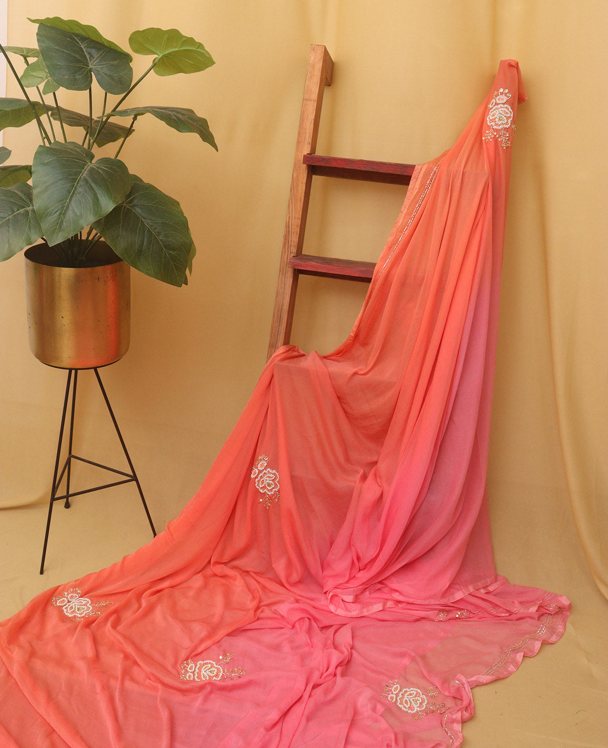 Pearl & Cut Dana Embellished Pink & Orange Chiffon Saree - Professional Wear - Luxurion World
