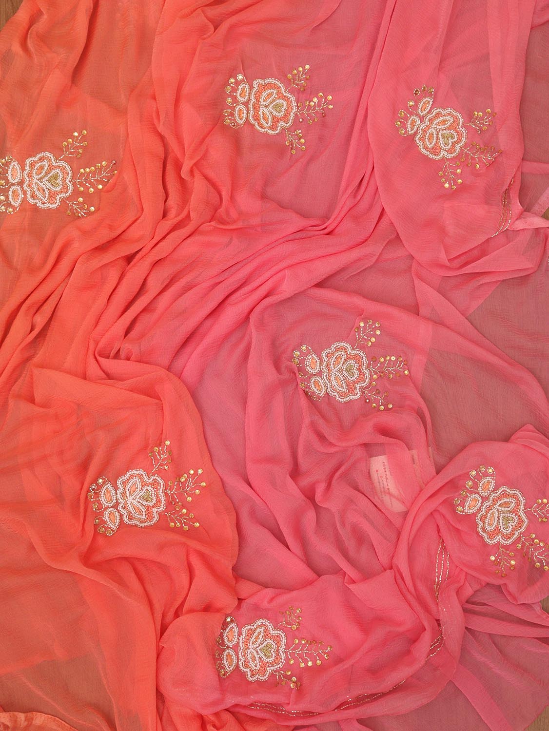 Pearl & Cut Dana Embellished Pink & Orange Chiffon Saree - Professional Wear - Luxurion World