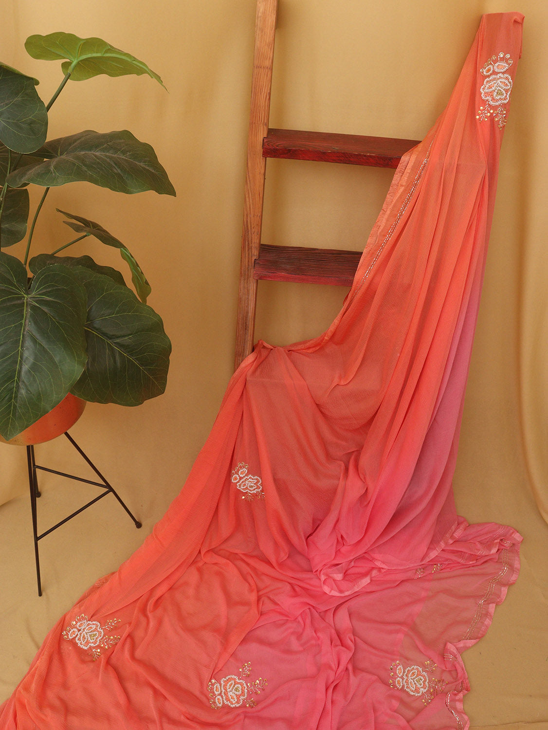 Pearl & Cut Dana Embellished Pink & Orange Chiffon Saree - Professional Wear - Luxurion World