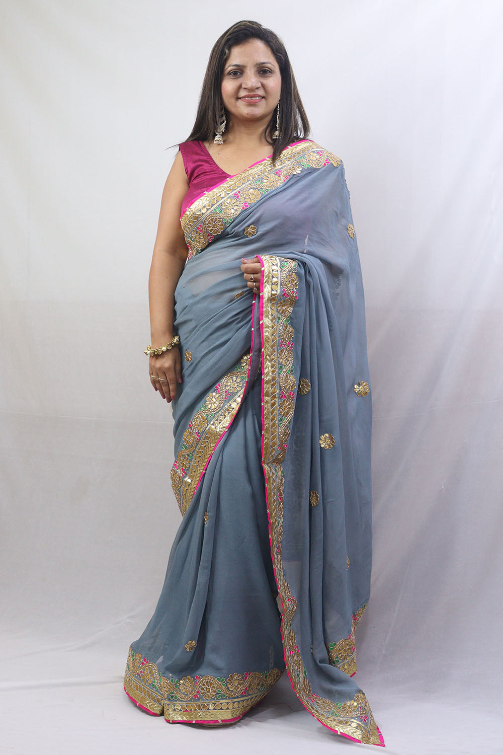 Stunning Grey Gota Patti Georgette Saree for Elegant Occasions - Luxurion World