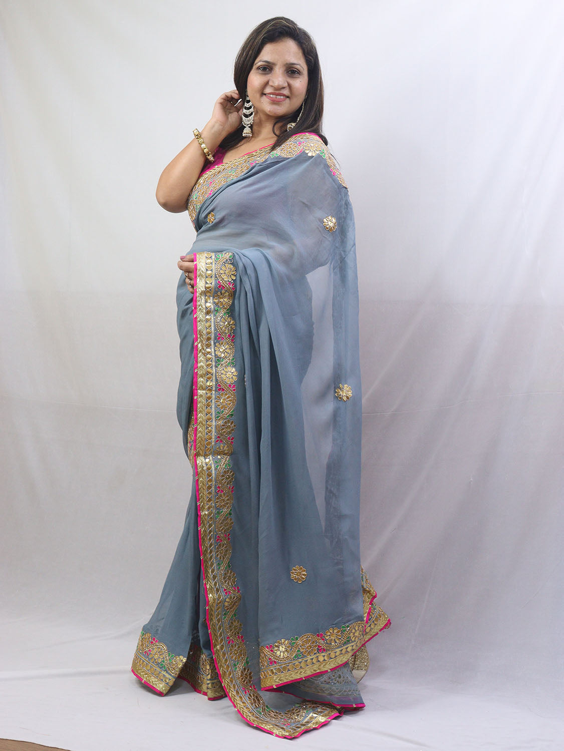 Stunning Grey Gota Patti Georgette Saree for Elegant Occasions - Luxurion World