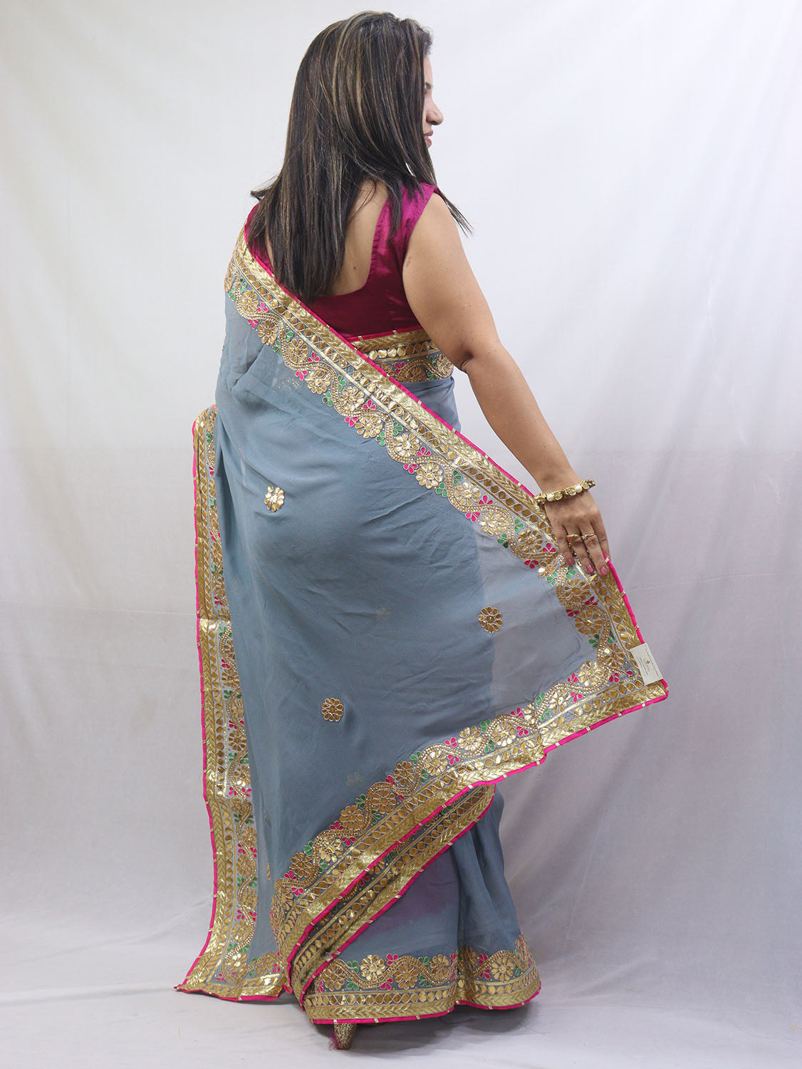 Stunning Grey Gota Patti Georgette Saree for Elegant Occasions - Luxurion World