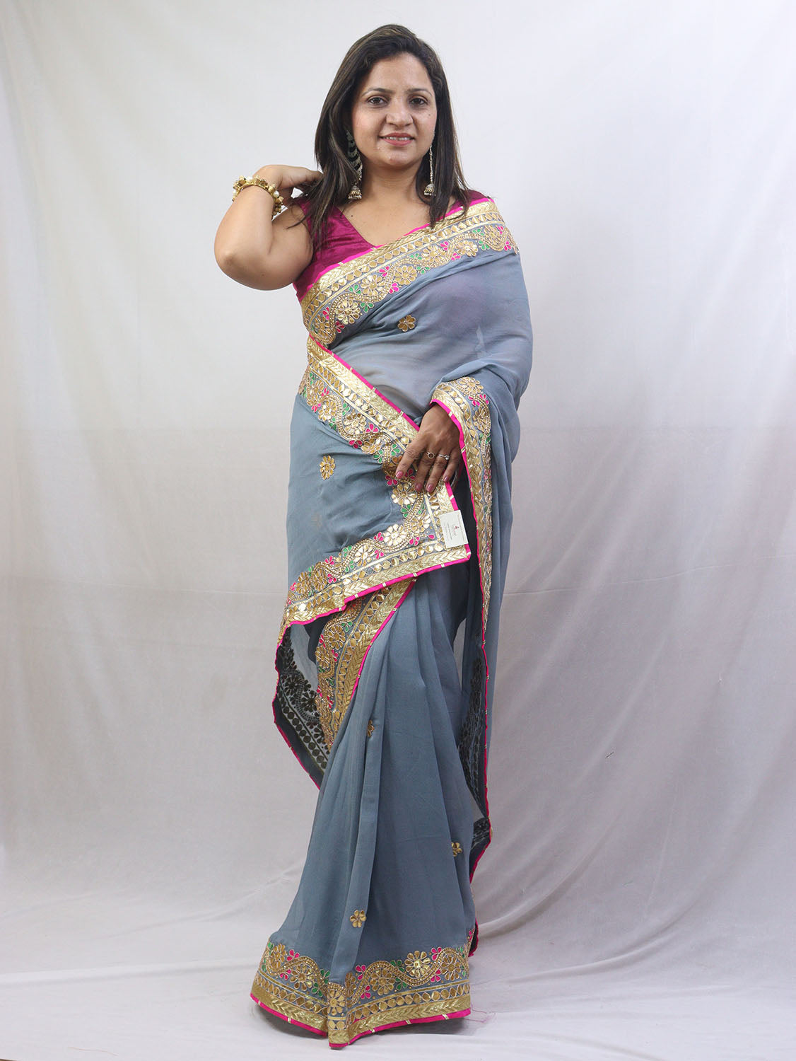Stunning Grey Gota Patti Georgette Saree for Elegant Occasions - Luxurion World