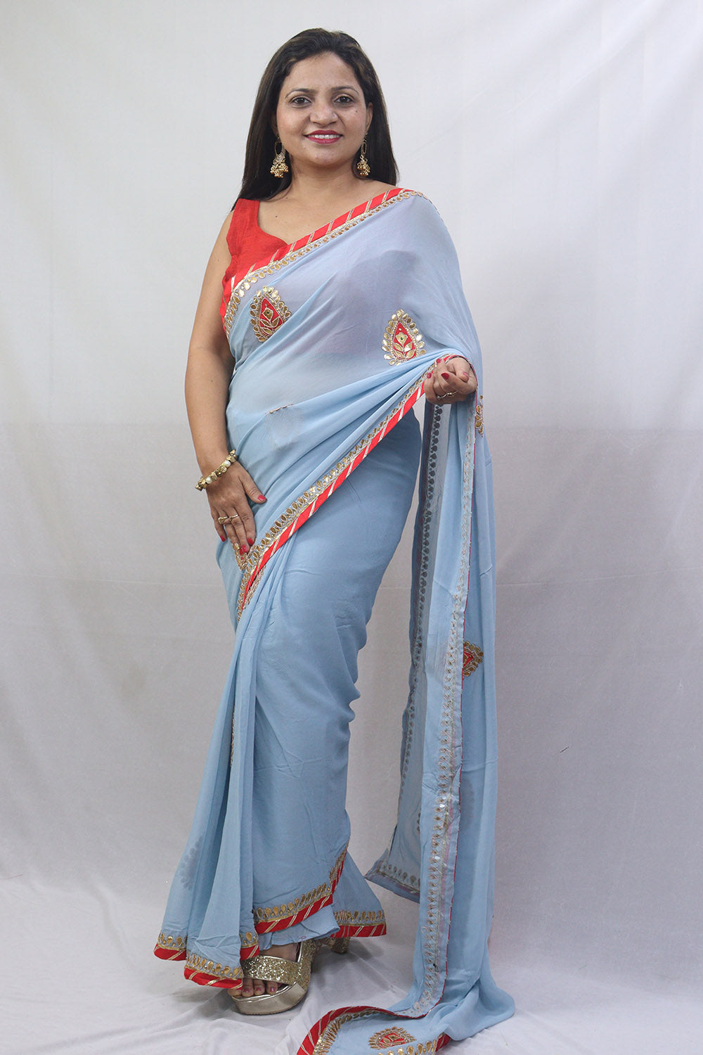Stunning Grey Gota Patti Georgette Saree for Elegant Occasions - Luxurion World