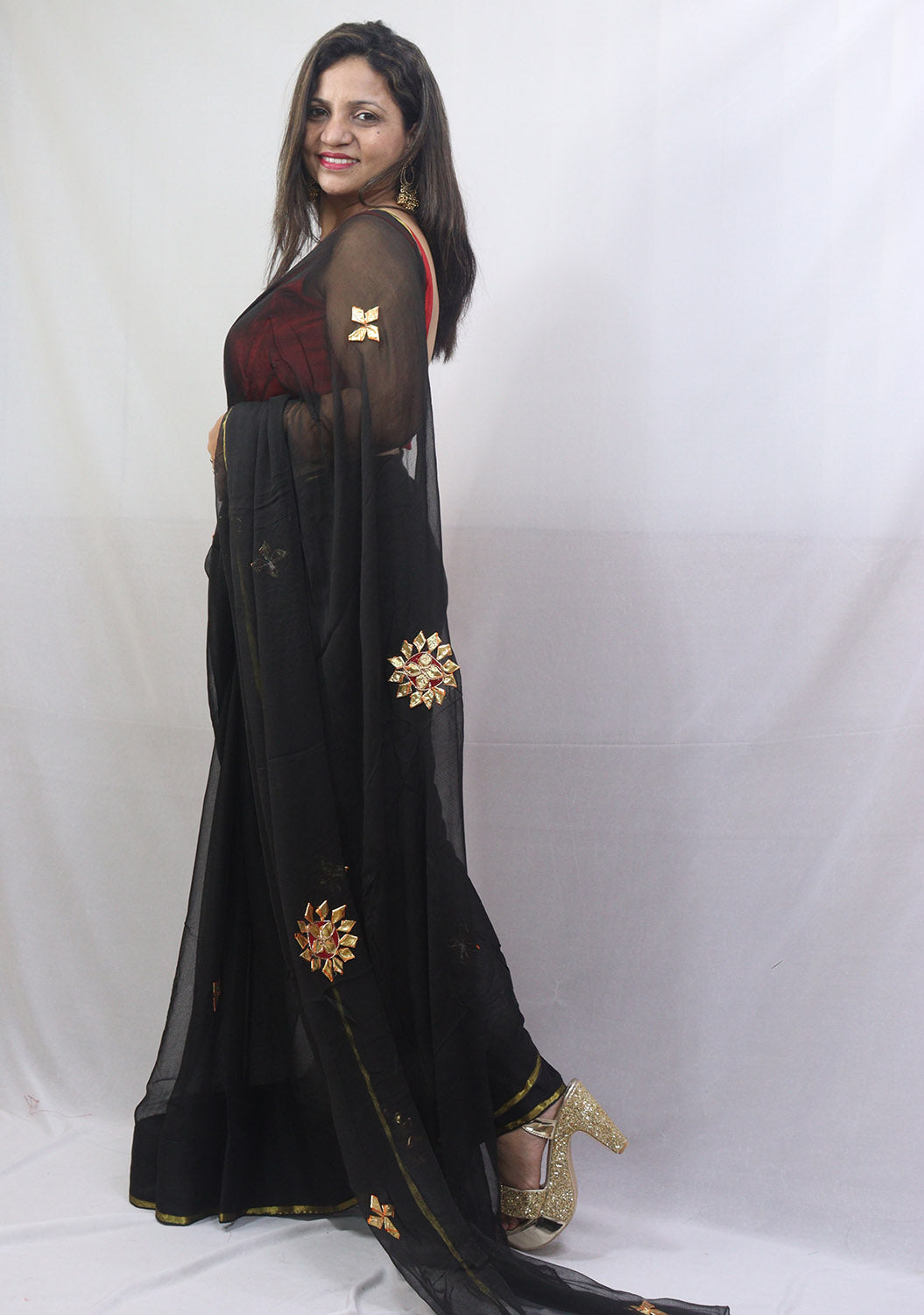 Stunning Black Gota Patti Chiffon Saree for Elegant Occasions