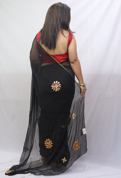 Stunning Black Gota Patti Chiffon Saree for Elegant Occasions - Luxurion World