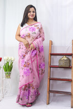 Shop the Latest Pink Hand Painted Organza Saree with Scalloped Border - Luxurion World