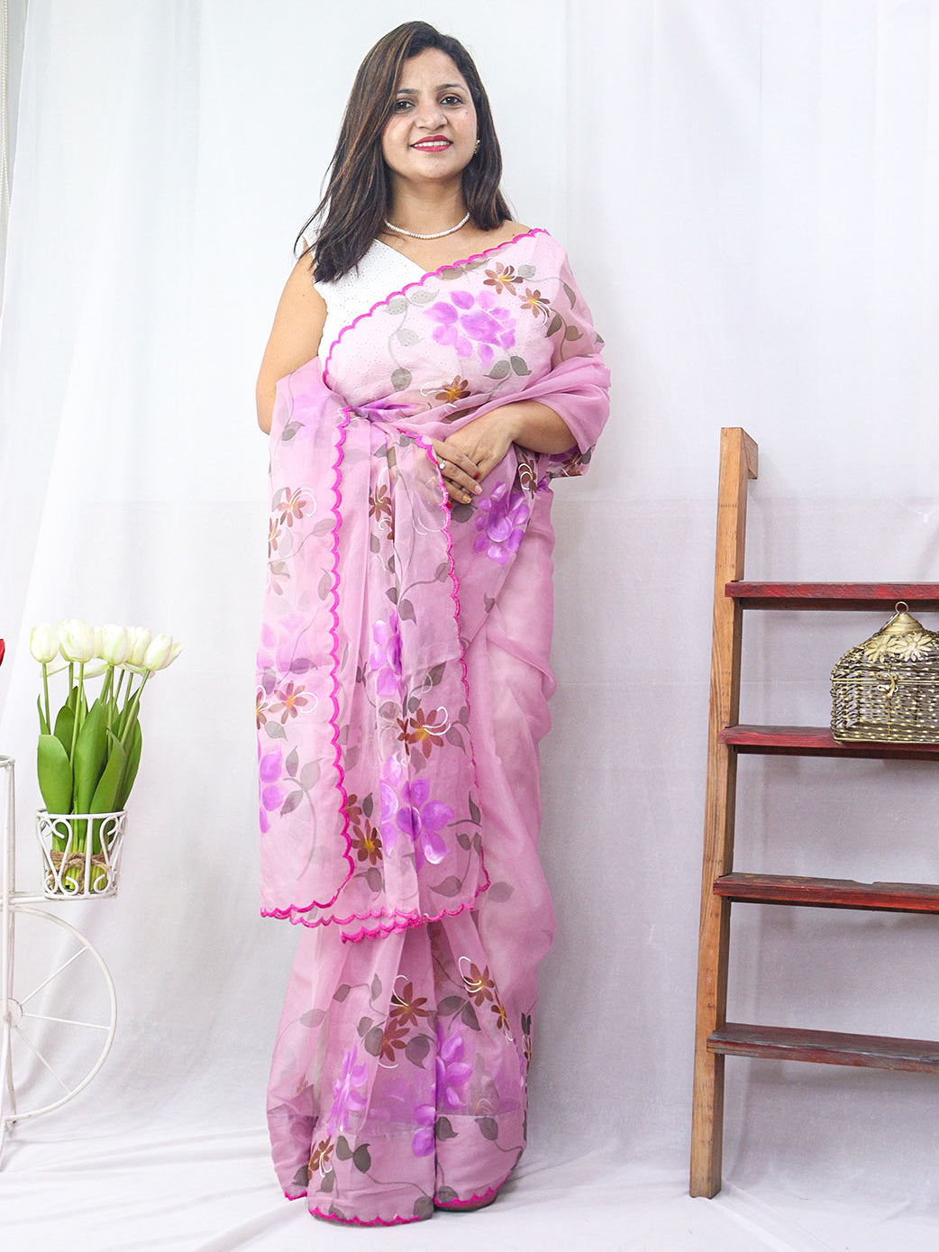 Shop the Latest Pink Hand Painted Organza Saree with Scalloped Border - Luxurion World