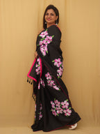 Black Hand Painted Recycled Fabric Saree - Luxurion World