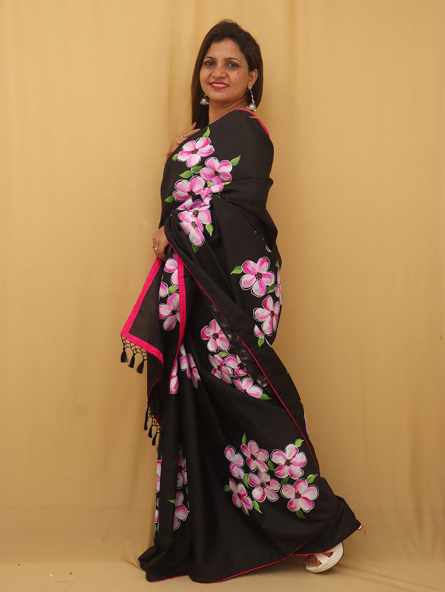 Black Hand Painted Recycled Fabric Saree - Luxurion World