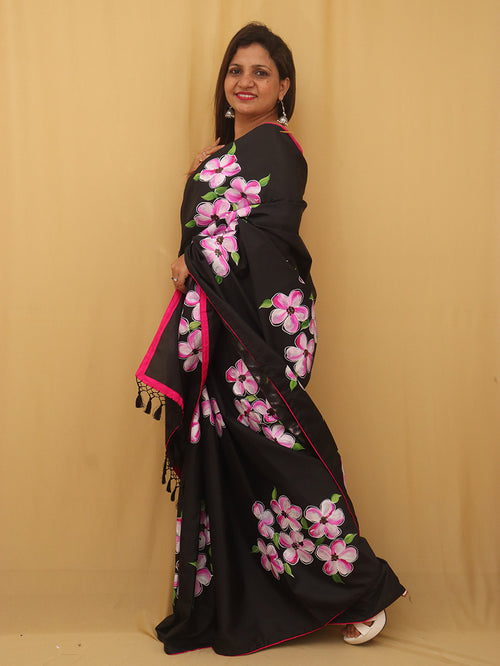 Black Hand Painted Recycled Fabric Saree - Luxurion World