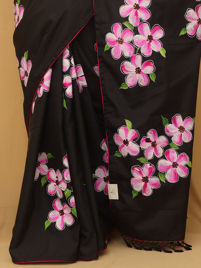 Black Hand Painted Recycled Fabric Saree - Luxurion World