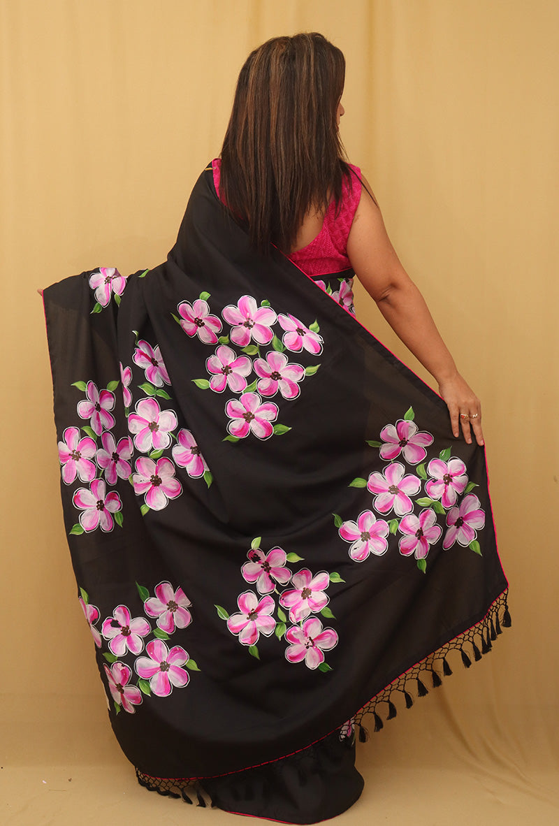 Black Hand Painted Recycled Fabric Saree - Luxurion World