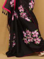 Black Hand Painted Recycled Fabric Saree - Luxurion World