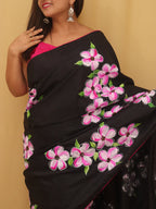Black Hand Painted Recycled Fabric Saree - Luxurion World