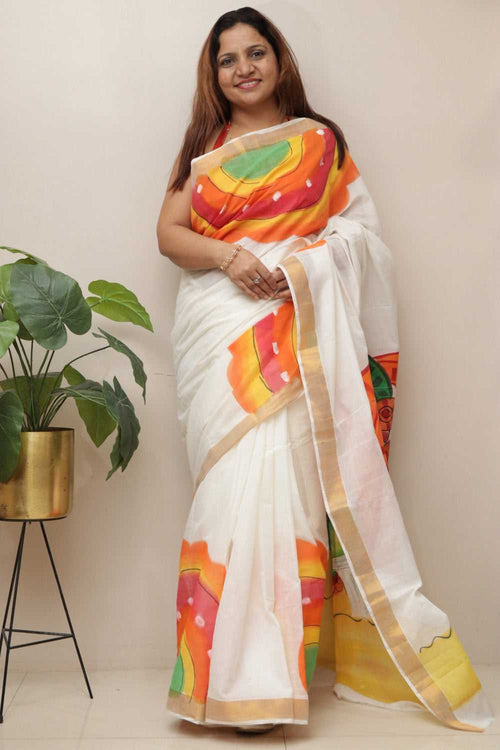 Off White Pure Kerala Cotton Hand Painted Saree - Luxurion World