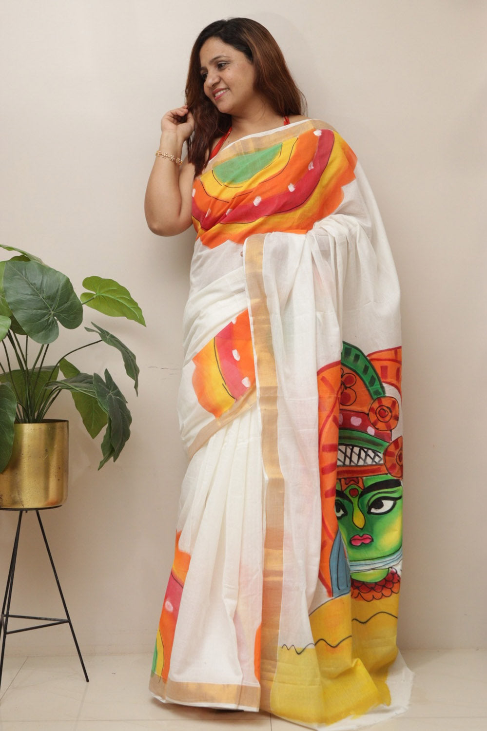 Off White Pure Kerala Cotton Hand Painted Saree - Luxurion World