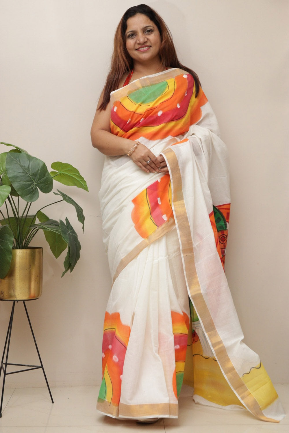 Off White Pure Kerala Cotton Hand Painted Saree - Luxurion World