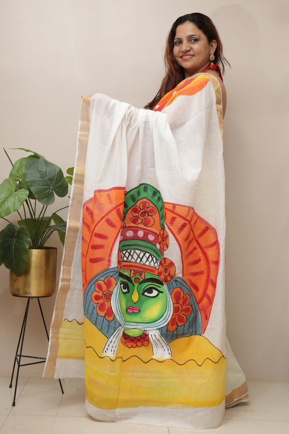 Off White Pure Kerala Cotton Hand Painted Saree - Luxurion World