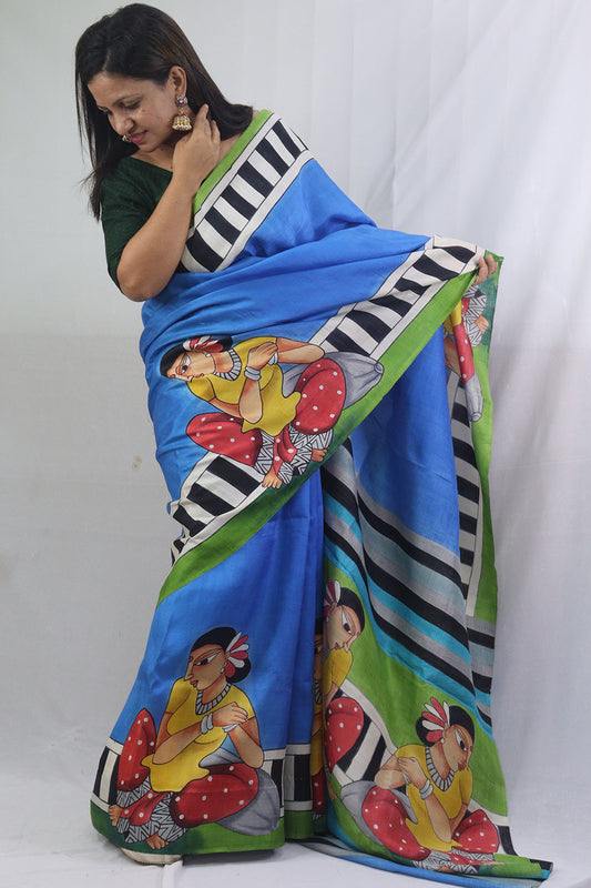 Stunning Blue Murshidabad Silk Saree with Hand Painted Design