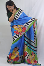 Stunning Blue Murshidabad Silk Saree with Hand Painted Design - Luxurion World