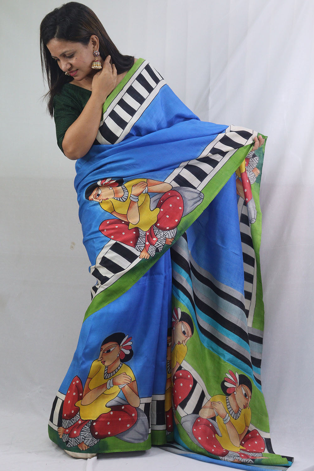 Stunning Blue Murshidabad Silk Saree with Hand Painted Design - Luxurion World