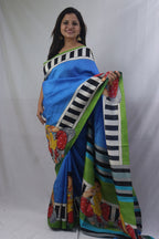 Stunning Blue Murshidabad Silk Saree with Hand Painted Design - Luxurion World