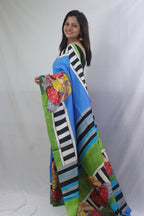 Stunning Blue Murshidabad Silk Saree with Hand Painted Design - Luxurion World