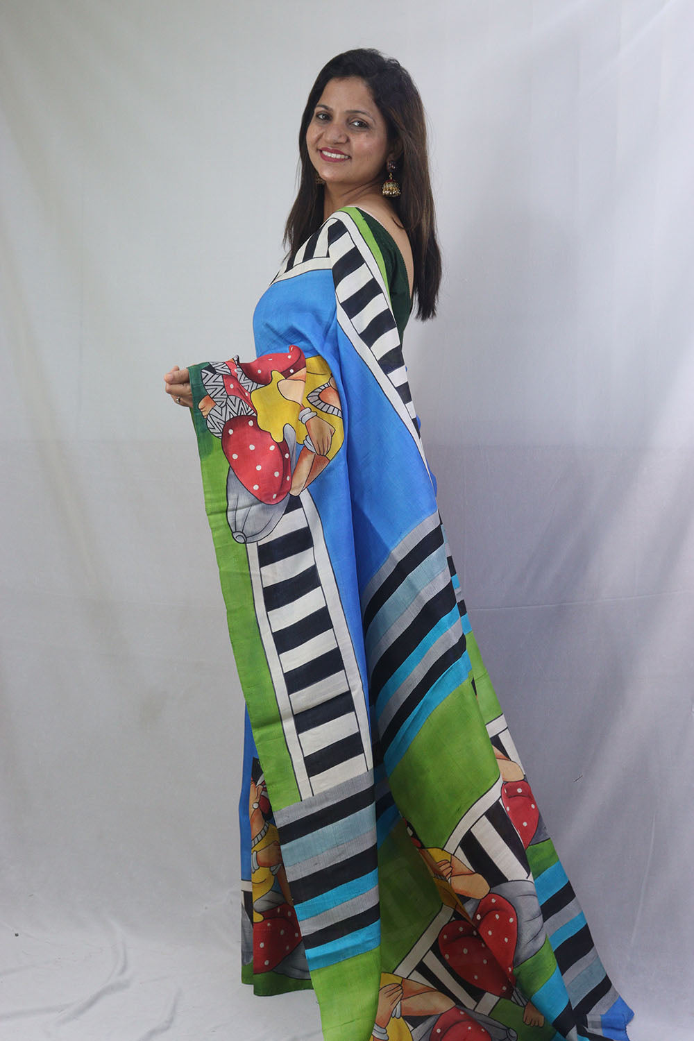 Stunning Blue Murshidabad Silk Saree with Hand Painted Design - Luxurion World